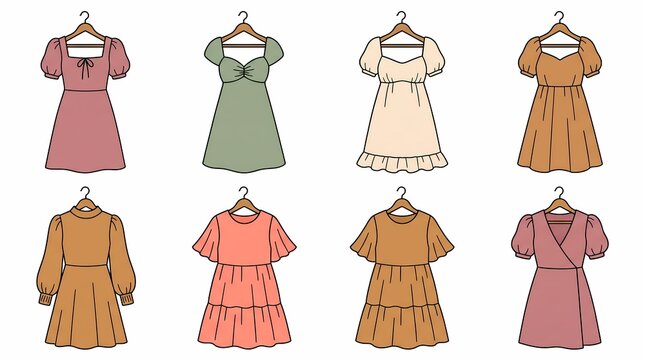 Eight colorful dresses hang on wooden hangers against a plain white background showcasing varied styles apparel