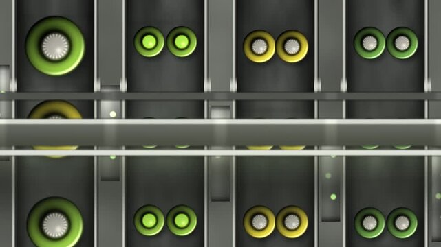 Overhead Bottling Line Tracking Pan Along Conveyor Lanes of Capped Bottles With Depth Parallax, Seamless Loop in bright citrus tones