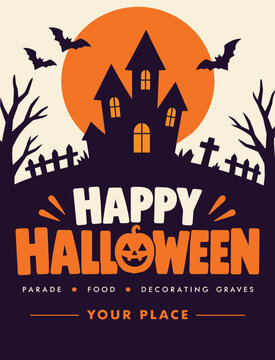 Spooky haunted castle beneath a full moon with bats and cemetery for Halloween celebration.