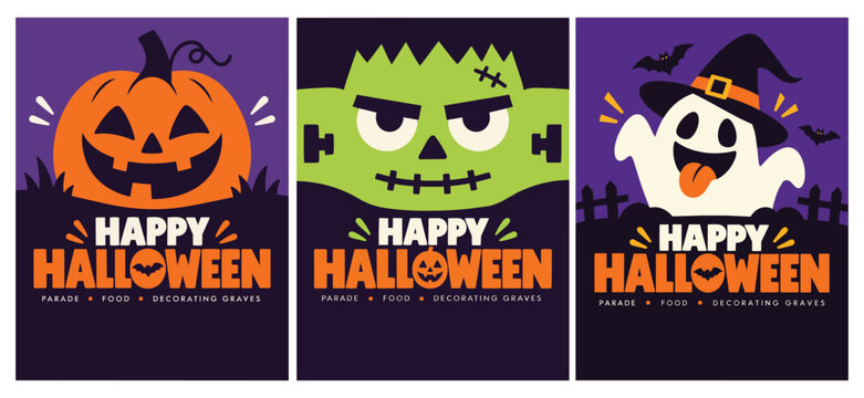 Happy Halloween poster collection with pumpkin and ghost illustrations.