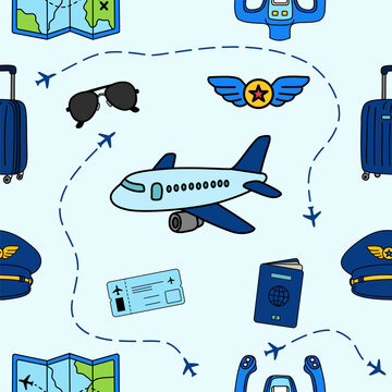 Cute Pilot Seamless Pattern &ndash; Hand Drawn Aviation Doodle Background