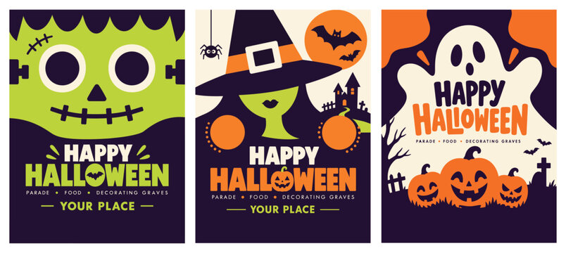 Happy Halloween poster collection with pumpkin, witch, ghost and spooky party illustrations.