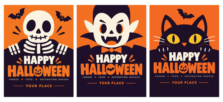 Happy Halloween poster collection with skeleton, vampire and black cat illustrations.