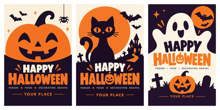 Happy Halloween poster collection with pumpkins, black cat, ghost and spooky illustrations.