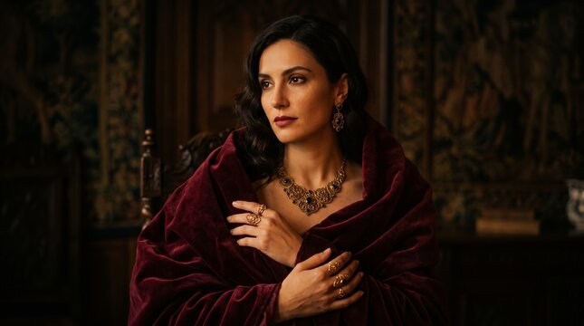 cinematic portrait enigmatic woman enveloped deep burgundy velvet moody shadows gentle candlelight antique gold jewels rich fabric folds dark romantic mood editorial fashion photo elegant dramatic arr