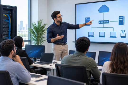 IT Trainer Presenting Enterprise Network and Cloud Computing Diagram