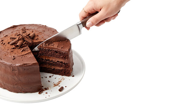 Rich chocolate cake being sliced with a knife, decadent dark cocoa layer cake on white plate, hand cutting gourmet dessert isolated PNG with Transparent Background