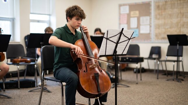 Focused teenage student playing cello during orchestra rehearsal in a bright school music classroom