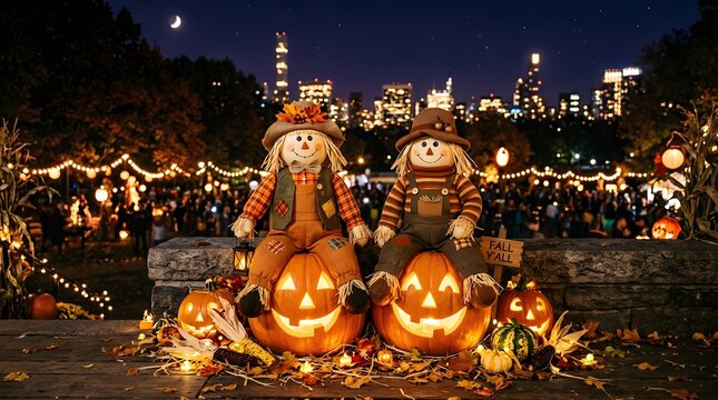 Two children dressed as Halloween characters sitting on pumpkins in outdoor park at night with festive lights and city skyline in background