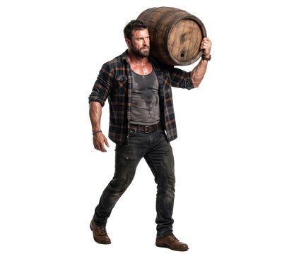 Muscular Bearded Man Carrying a Wooden Barrel