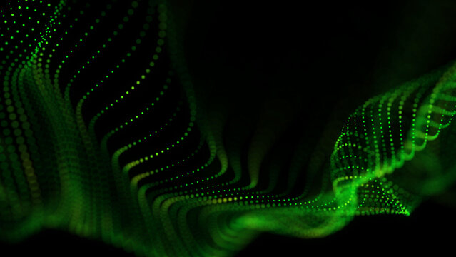 Abstract green particle wave made of glowing dots and flowing curved lines on a black background, creating a futuristic digital motion effect. Dynamic technology backdrop.