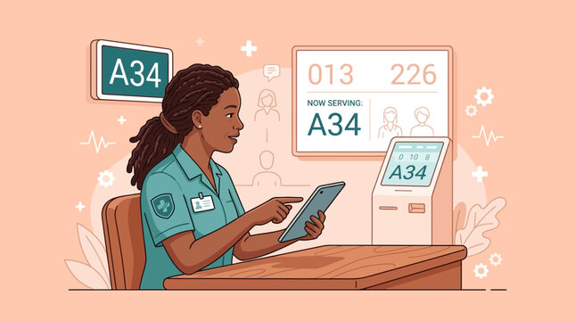 Healthcare worker with tablet at reception desk, queue management
