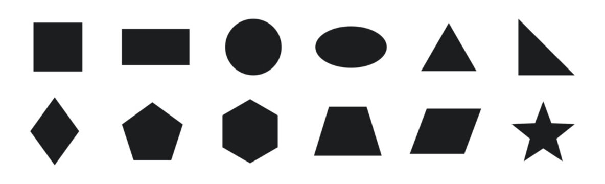 Collection of black geometric shapes featuring square, rectangle, circle, oval, triangles, diamond, pentagon, hexagon, trapezoid, parallelogram and star in vector style.