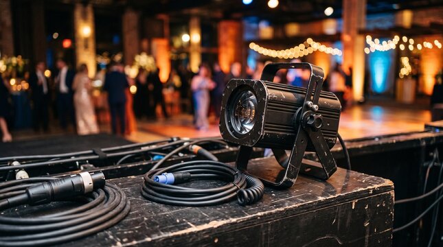 A professional stage light fixture sitting on a flight case at a lively wedding reception