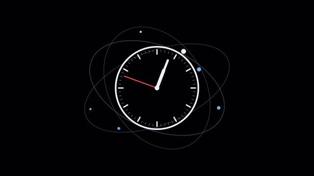 Fast analog clock surrounded by dots on elliptical orbits