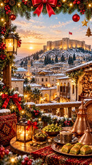 Fototapeta premium In the snowy landscape of Gaziantep, the historic castle, stone houses, copper craftsmanship, pistachios, and baklava blend with New Year's decorations.