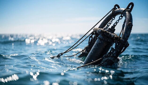 A weather buoy floating on the calm blue ocean surface under bright natural sunlight