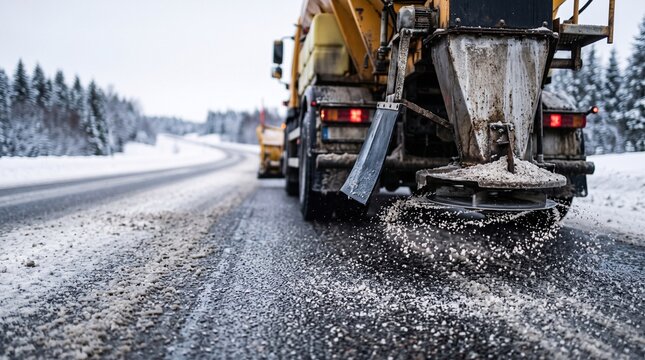 A winter road maintenance truck spreading salt on an icy road during a snowy winter day
