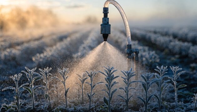 Automated sprinkler system protecting young crops from morning frost in a sunny field