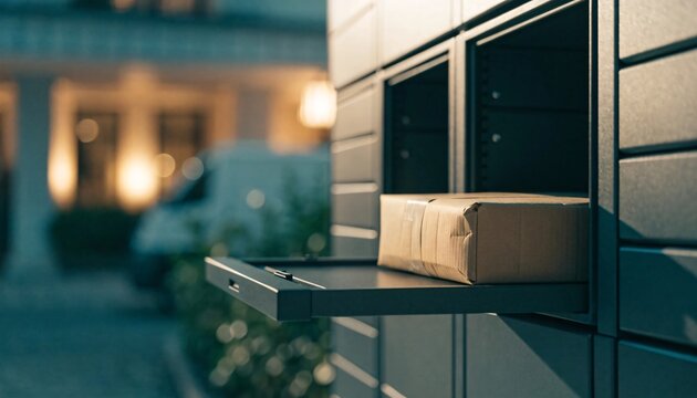 Cardboard package sitting inside an open automated parcel locker during a quiet evening