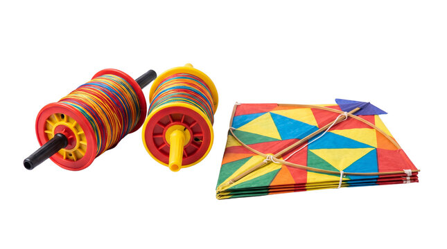 Traditional colorful paper kite and string spools, Makar Sankranti festival equipment, vibrant flying kit for outdoor fun isolated PNG with Transparent Background