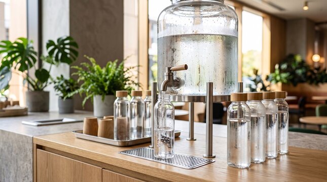 Fresh cold water pouring from a glass dispenser into a reusable bottle in a modern cafe