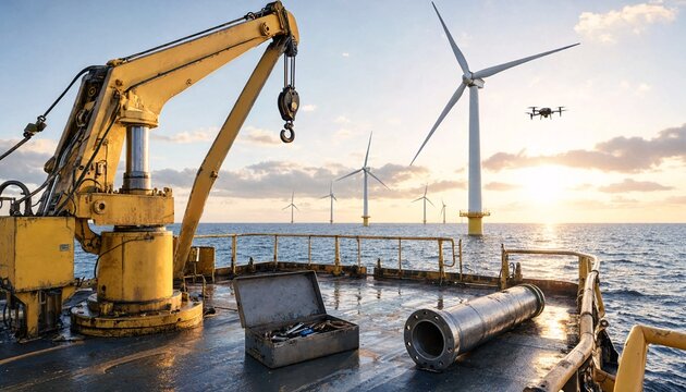 Industrial drone hovering over an offshore wind farm maintenance deck during golden hour