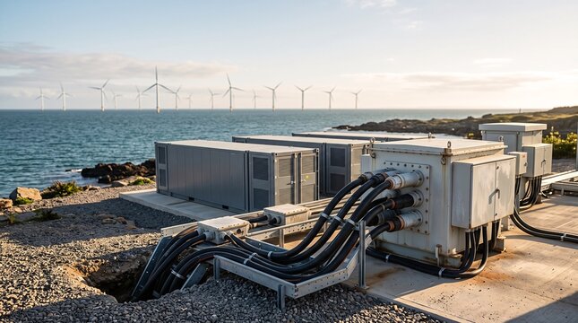 Industrial electrical substation equipment connected to offshore wind farm at golden sunset