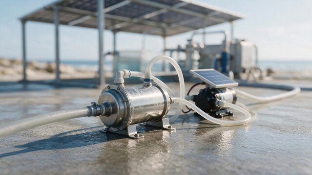Industrial solar water pump system operating on a coastal site with clean renewable energy
