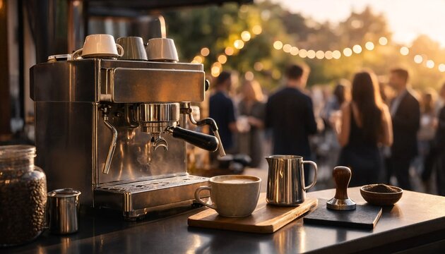 Professional espresso machine brewing fresh coffee at an elegant evening garden party event