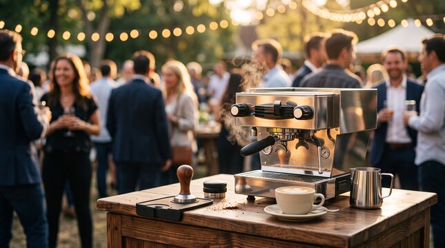 Professional espresso machine brewing fresh coffee at an elegant evening garden party event