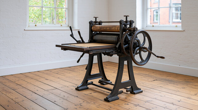 Heavy floor-standing treadle printing press with rollers, gears, feed tray and mechanical levers in a bright clean workshop-style display, no museum or location references, printing press,