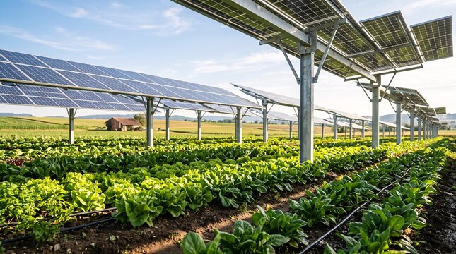 Rows of leafy green crops growing under modern solar panel structures in a sunny farm field