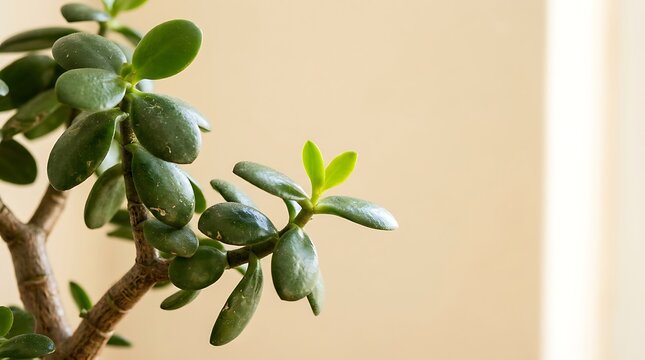 Close up of a green jade succulent houseplant with thick leaves against a soft beige background