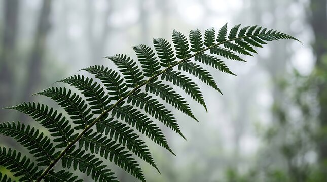 Close up of a vibrant green fern leaf growing in a foggy misty forest environment