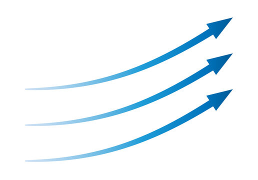 Blue curved arrows PNG pointing upward and to the right, with smooth flowing lines, sharp tips and gradient color effect on a transparent background.