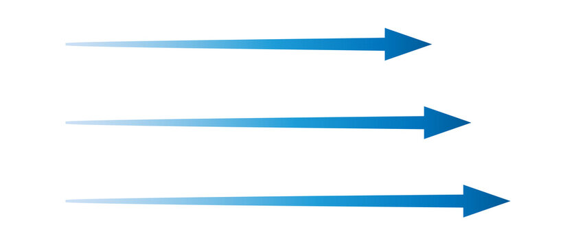 Blue right-pointing arrows PNG with long thin lines, sharp tips and smooth gradient color effect on a transparent background.