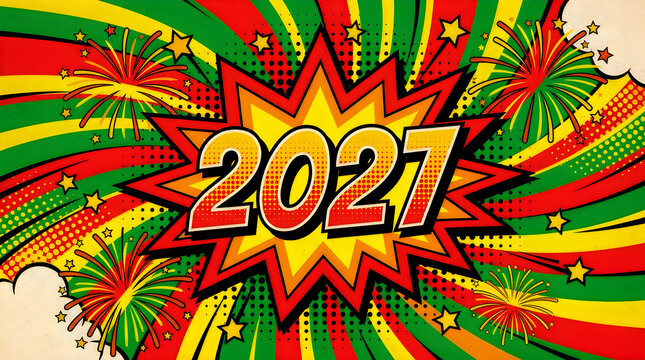 2027 new year greeting card in colorful comic book style