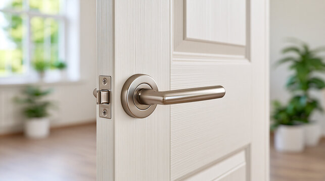 Push-down lever door handle with latch fitted into the recess of a clean interior door, photographed in bright natural light, door handle, latch mechanism, lever lock, interior hardware,