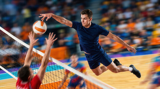 Energetic volleyball athlete performing an impressive spike during an intense competitive game