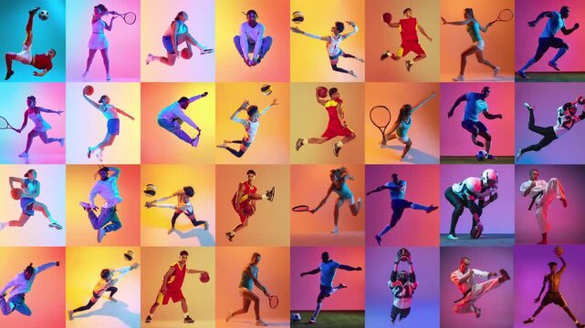 Waves and circular mosaic compositions of colorful athletes in motion. Concept of dynamic design, digital content, tournament promotion, and sports broadcasting.