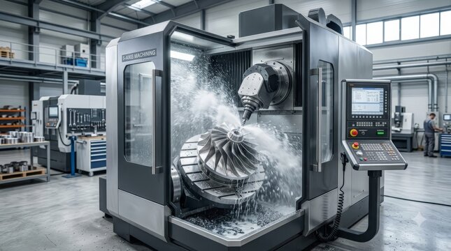 A high-tech 5-axis machining center operates inside a clean industrial workshop, utilizing cnc machine coolant while cutting a complex metal impeller workpiece with water spray