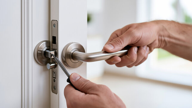 Locksmith hands repairing a faulty lever door handle and latch on a clean interior door in bright natural light, detailed service close-up, locksmith, door handle, latch mechanism, repair,