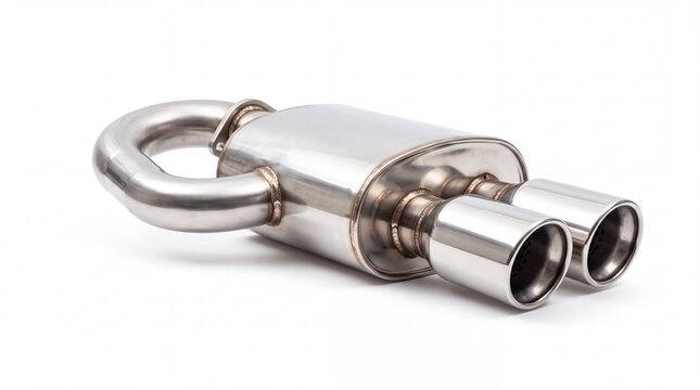 Stainless steel automotive exhaust muffler system featuring dual tips showcased in a studio on white background