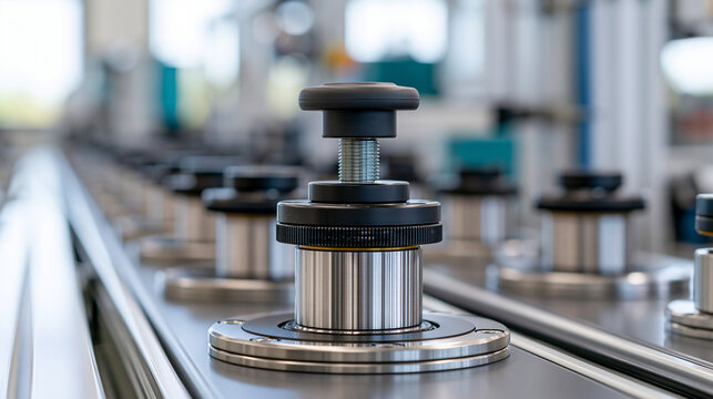 Black positioning lever and threaded locking rod on a modern manufacturing line, crisp close-up in bright clean factory lighting, positioning lever, locking mechanism, threaded rod,