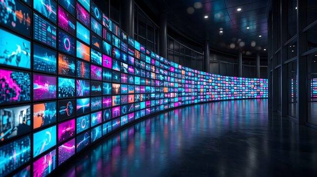 Long curved hallway with wall of glowing multi colored television screens showing data and graphics in modern broadcast studio