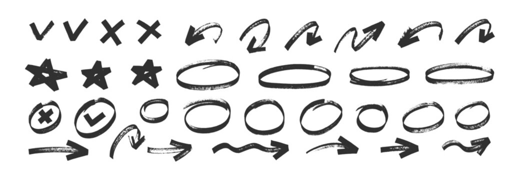 Chalk-drawn lines and brush marks collection, including pencil sketches, marker circle, vector star, and hand-painted scribbles for creative designs.