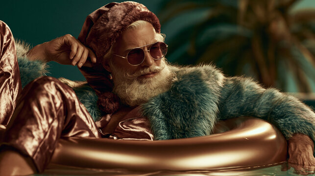Stylish Santa Claus relaxing on an inflatable pool float wearing sunglasses and luxury fur outfit, humorous tropical Christmas vacation concept for holiday advertising and social media