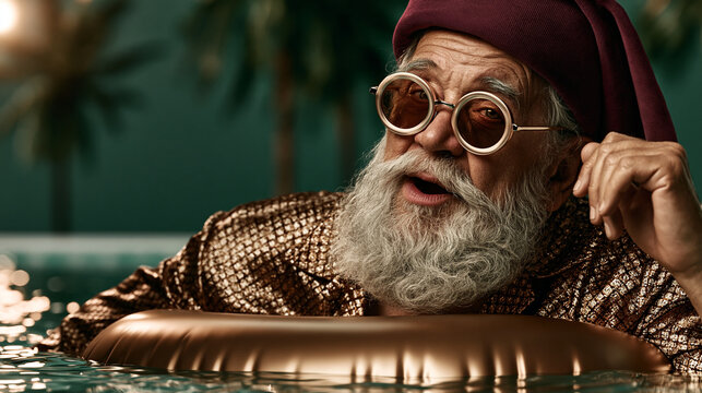 Stylish Santa Claus relaxing on an inflatable pool float wearing sunglasses and luxury fur outfit, humorous tropical Christmas vacation concept for holiday advertising and social media