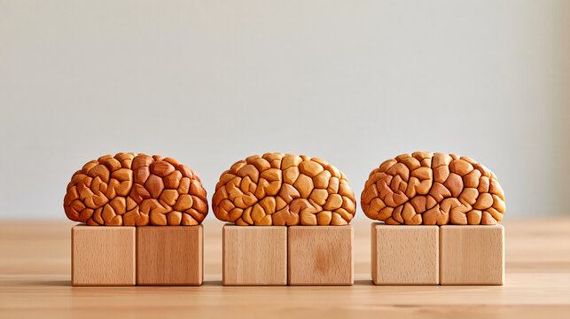 Elegant wide still life featuring wooden blocks arranged as a full brain battery and a nearly empty brain battery with a gradual transition between them, powerful visual metaphor for mental energy, 